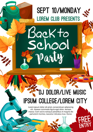 Back to School college party invitation poster for September autumn seasonal school event. Vector design of school bag, books or paint brush and maple leaf, chalkboard and copybook or rulerのイラスト素材