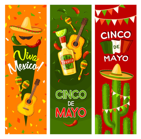 Cinco de Mayo fiesta party greeting banner for mexican holiday celebration. Flag of Mexico, sombrero and maracas, chili pepper, tequila margarita and guitar, cactus and jalapeno for invitation designのイラスト素材