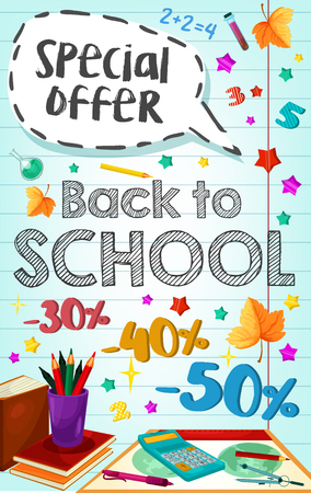 Back to School sale or special promo poster of study supplies and stationery on checkered sketch background.のイラスト素材