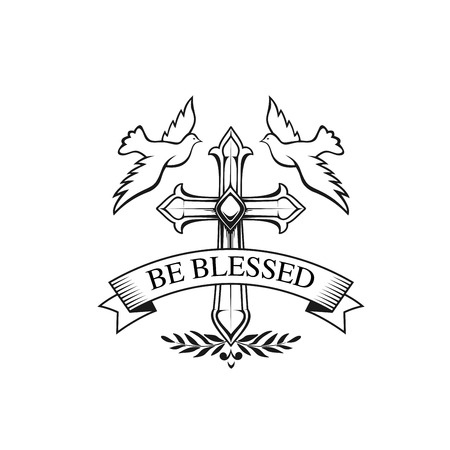 Happy Easter vector cross, doves and laurel iconのイラスト素材