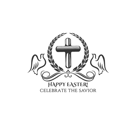 Happy Easter cross and doves vector iconのイラスト素材