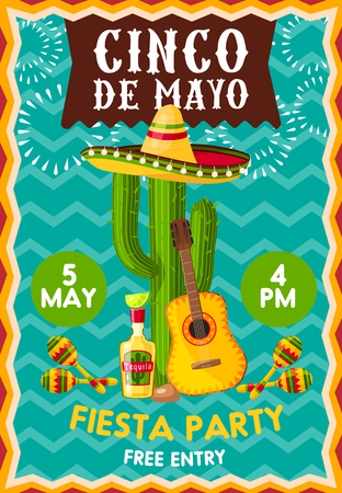 Chico de Mayo holiday celebration poster at bar or restaurant. Vector banner with symbolic Mexican elements sombrero hat on cactus, guitar, tequila and lime and maracasのイラスト素材