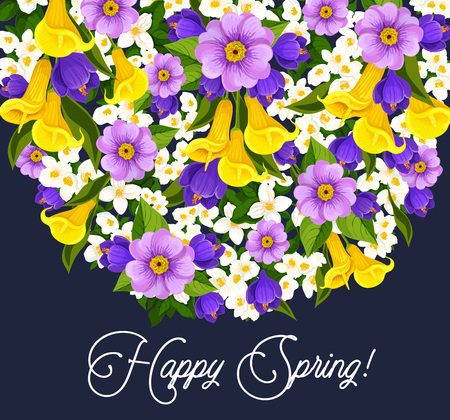Happy Spring greeting card with blooming flowers design on dark backgroundのイラスト素材