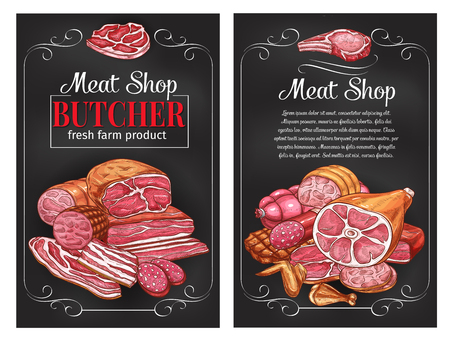 A Vector sketch sausages and meat for butcher shopのイラスト素材