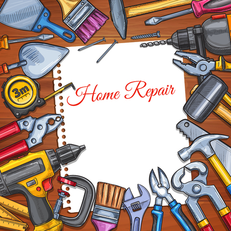 Vector work tools home repair sketch posterのイラスト素材