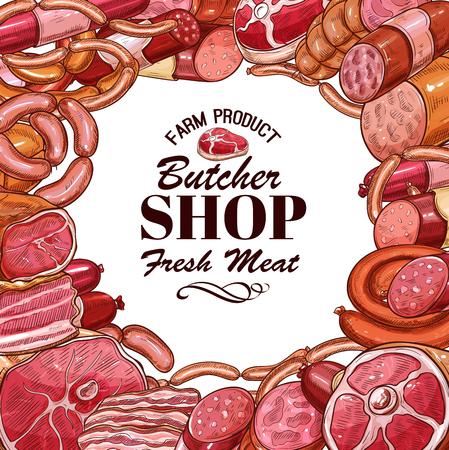 Vector sketch of meat products for butcher shopのイラスト素材