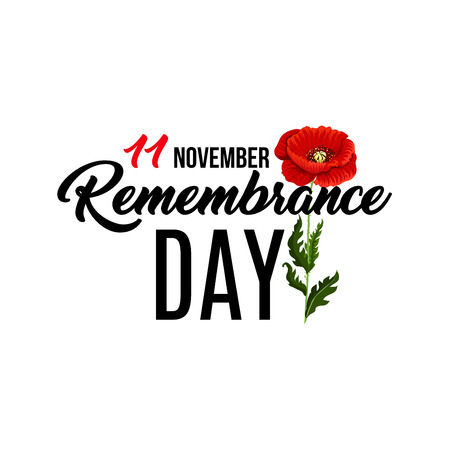 Vector poster for Remembrance day with poppy flower. Concept of 11 of November remembrance day. Design banner isolated on white background. Red flower of poppy Remembrance day symbolのイラスト素材