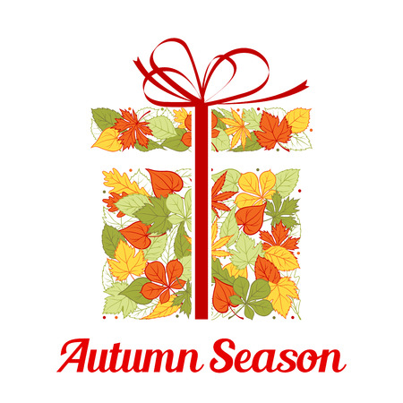 Autumn leaf in shape of gift box with ribbon bow greeting card. Orange, yellow and green foliage of maple, chestnut and linden tree for Fall Season Holiday themes designのイラスト素材