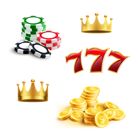 Casino 3d icon for gambling sport and gaming industry themes. Gaming chip, coin money, jackpot lucky seven and golden crown isolated symbol. Online casino, slot machine and internet bets designのイラスト素材