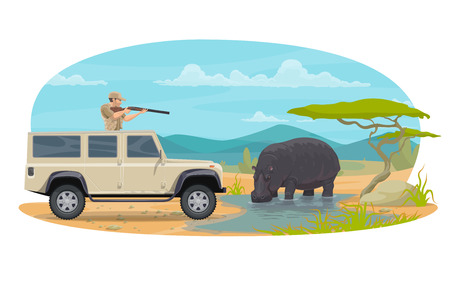 Vector hunter on African safari hippopotamus huntのイラスト素材