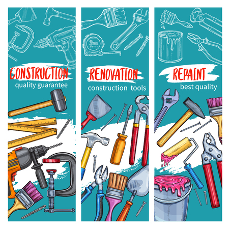 Vector work tools for home repair sketch bannersのイラスト素材
