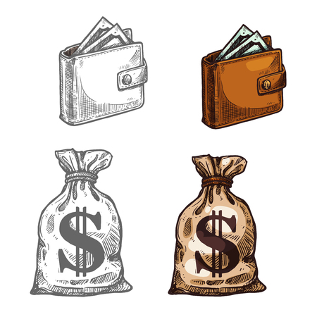 Wallet with money and sack of dollars vector icon.のイラスト素材