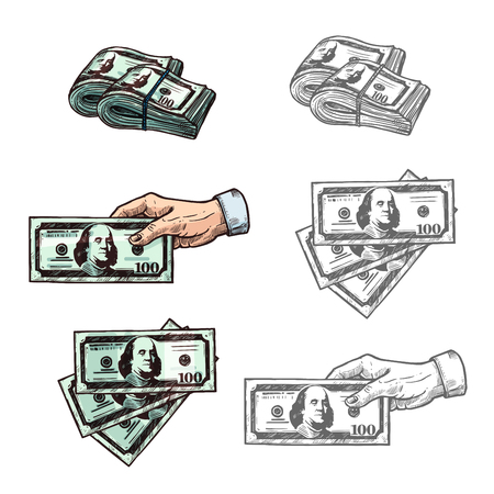 Dollars and hand with money vector sketch iconsのイラスト素材