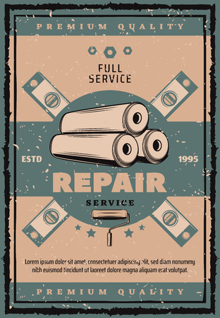 House repair and renovation vintage banner with work tool. Wallpaper roll, paint roller and ruler retro grunge poster in scratched frame for construction, building and carpentry themes designのイラスト素材