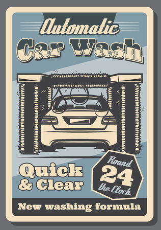 Car wash retro poster of vehicle automotive service for garage promotion design. Automobile in tunnel of car wash machine with brush, foam, bubble and drop vintage advertising banner templateのイラスト素材