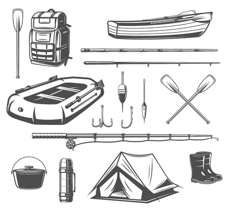 Fishing sport equipment sketch set of fisherman tackle and tool. Fishing rod, hook and bait, boat, spinning and tourist backpack, paddle, boots and tent icon for outdoor leisure designのイラスト素材