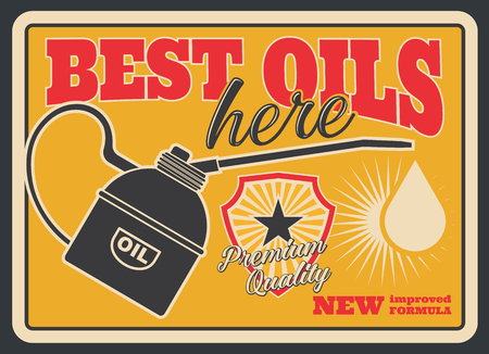 Motor oil retro poster for car service or gas station template. Vintage engine oil can pourer with drop old grunge banner, decorated with Premium Quality shield badge for oil change shop designのイラスト素材