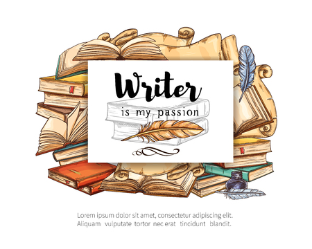 Old paper book sketch with stack of feather pen, antique scroll and ink. Open book with empty page, parchment and quill, manuscript and inkwell for education, school library or literature theme designのイラスト素材