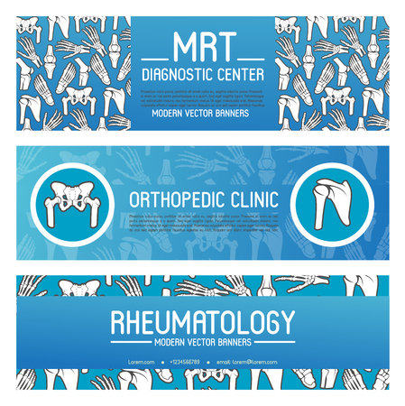 Medicine banner set of rheumatology and orthopedic clinic template. Human skeleton anatomy bone and joint with hand, knee and foot, pelvis, shoulder and leg for medical diagnostic center flyer designのイラスト素材