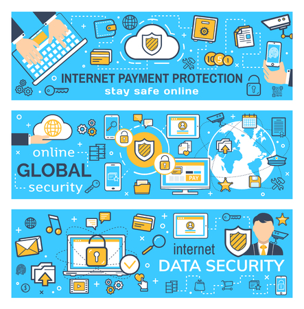 Internet payment protection and global security for online money transaction technology banners. Vector online shopping network communication, credit card encryption and personal data securityのイラスト素材