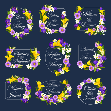 Wedding greeting card of blooming flowers for Save the Date design or engagement party invitation. Vector frames of blue crocuses and calla or lily blossoms with bride or bridegroom namesのイラスト素材