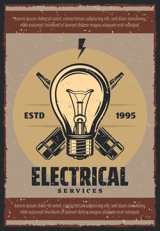 Electrical services vintage poster for electricity repair. Vector retro design of lamp light bulb and voltage tester screwdriver for energy and power industry on grunge backgroundのイラスト素材