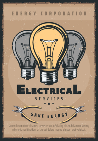 Electricity retro poster, save energy concept. Electrical services bulb and pliers, illuminated incandescent lamp, energy corporation brochure. Glowing glass item, leaflet with light bulbs vectorのイラスト素材