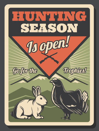 Open hunting season retro poster with white rabbit and fat black capercaillie. Forest wild animals on shooting brutal sport placard. Herbivorous mammal and wild bird under crossed guns vintage vectorのイラスト素材