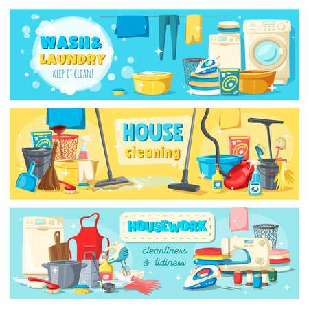 Laundry and wash, house cleaning and housework banners. Equipment and tools for domestic chores and chemical means to clean rooms. Washing machine, vacuum cleaner, iron and cleaning supplies vectorのイラスト素材