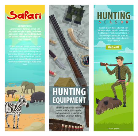 Hunting open season banners for safari hunter club of hunt equipment. Vector flat design of hunter in forest or Africa with rifle gun, binoculars and trophy of aper hog or zebra and hippo animalsのイラスト素材