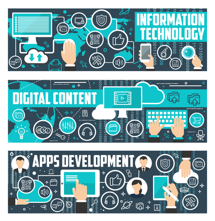Information technology, digital content and web apps development banners. Vector flat design for social network and internet online communication or cloud share system for user data storageのイラスト素材