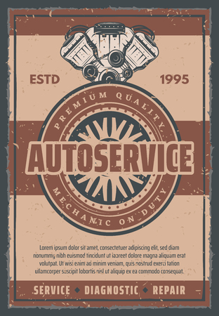 Car auto service station retro poster of motor or engine piston with valves and tire wheel. Vector vintage design for automobile shop or mechanic repair center or car garage stationのイラスト素材