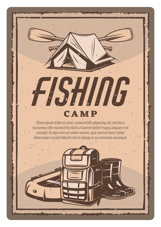Vector fisher tent, boots and boat vintage posterのイラスト素材