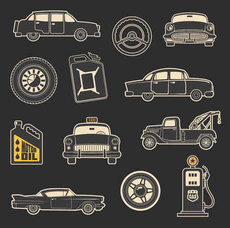 Retro car and transport icons of old taxi, wheel and tow truck, motor oil and gasoline can, steering wheel and gas pump. Vintage vehicle and transportation service themes designのイラスト素材
