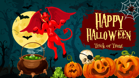 Halloween holiday greeting banner with trick or track pumpkin. Horror bat, skull and devil demon, spider and moon with night forest and scary tree on background for Halloween party invitation designのイラスト素材