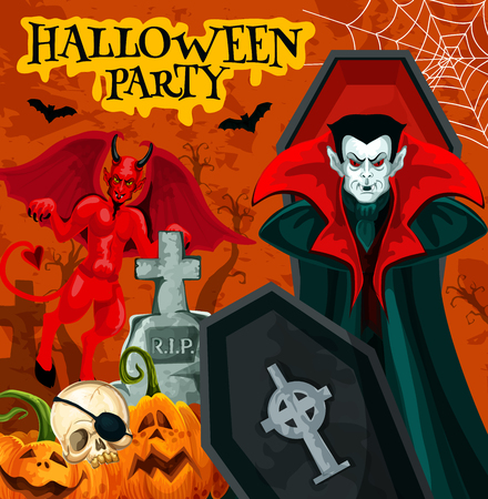 Halloween party poster with october holiday horror vampire. Spooky pumpkin, skeleton skull and bat, fear devil demon, Dracula and cemetery gravestone festive banner for invitation flyer designのイラスト素材