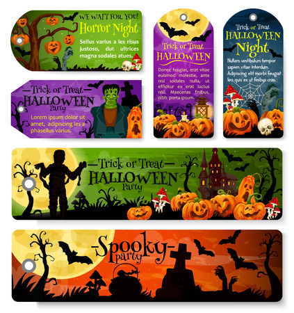 Halloween festive tag and october holiday night party label design. Horror pumpkin lantern, bat and spider net, zombie, ghost house and cemetery gravestone, moon, skeleton skull and witch potionのイラスト素材