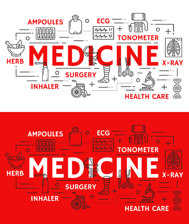 Medical poster of thin line art symbols and medicine icons of surgery and therapy health care. Vector design of cardiology ecg cardiogram, x-ray and tonometer or inhaler and pharmaceutical herbsのイラスト素材