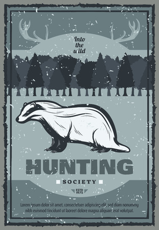 Hunting club retro poster for hunter society or open season. Vector vintage design of wild badger in mountains with elk or deer antlers with hunter knife for hunt adventureのイラスト素材