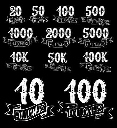 Followers thank you card for social media and network community design. Numbers of web user follower, friend or subscriber celebration icon with vintage ribbon banner isolated on blackのイラスト素材