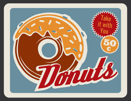 Donut retro grunge poster of bakery and fast food dessert. Sweet doughnut with caramel glaze and sprinkles vintage banner for pastry shop or cafe advertising designのイラスト素材