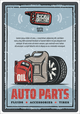 Auto parts vintage poster for car fluid, accessory and tire store template. Retro motor oil can, tire and alarm security system key grunge poster for automobile repair service and garage advertisingのイラスト素材