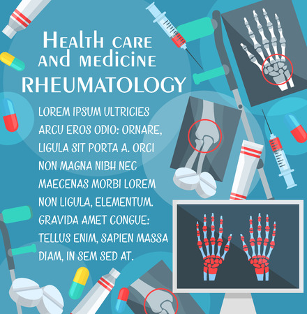 Rheumatology medical poster with human bone and joint x-ray. Rheumatologist doctor, pill and syringe, hand, leg and knee xray, crutches and ointment for medicine and health care themes designのイラスト素材