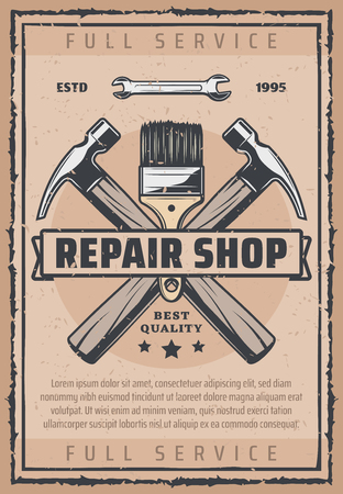 Repair shop vintage banner of car service, garage and auto workshop. Retro grunge work tool poster with hammer, wrench, brush and ribbon for automobile mechanic service garage designのイラスト素材