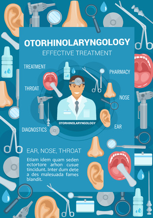 Otorhinolaryngology diagnostic clinic promo banner for ENT medicine design. Otorhinolaryngologist doctor or surgeon with medical tool poster, framed with throat, nose and ear human organ iconのイラスト素材