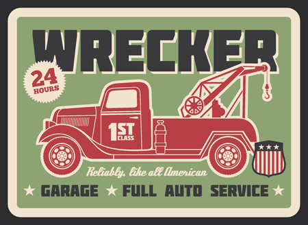 Retro truck wrecker vintage banner for auto service or garage design. Old tow truck with wheel lift grunge poster for emergency vehicle towing and roadside assistance advertising templateのイラスト素材