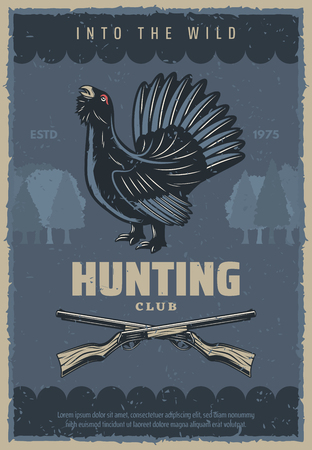 Hunting sport club vintage banner with forest bird and hunter rifle. Wood grouse or capercaillie game bird with fanned tail feather retro poster, adorned by weapon gun and grunge tree on backgroundのイラスト素材