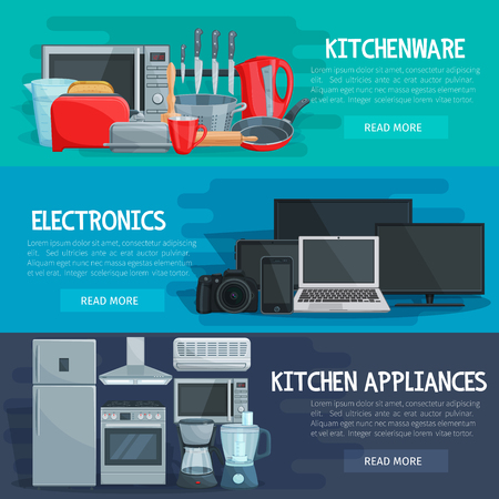 Home appliance banner set with kitchenware, household electronics and kitchen tool. Refrigerator, stove and microwave, mixer, coffee machine and knife, toaster, kettle and pan, tv, computer and cameraのイラスト素材