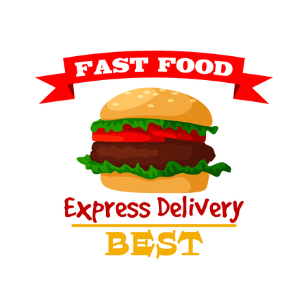 Hamburger icon. Fast food burger emblem of crispy sesame bun, fresh meat cutlet and vegetables lettuce. Vector isolated fast food meal symbol with ribbon for fast food sign or takeaway menu or deliveryのイラスト素材