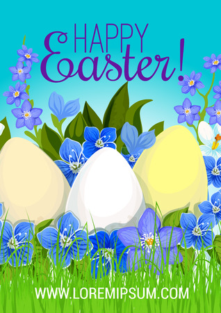 Happy Easter poster of paschal eggs in spring crocuses flowers bunch on green meadow grass. Vector springtime holiday greeting card design template for Happy Easter Holy Week religion celebrationのイラスト素材